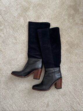 Black Navy Leather & Suede Knee Boots with Brown Block Heel
